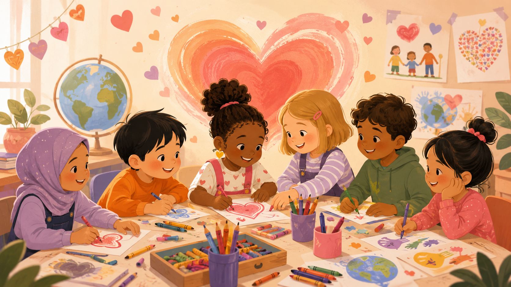 Children drawing together in a warm classroom with hearts, artwork, and community themes