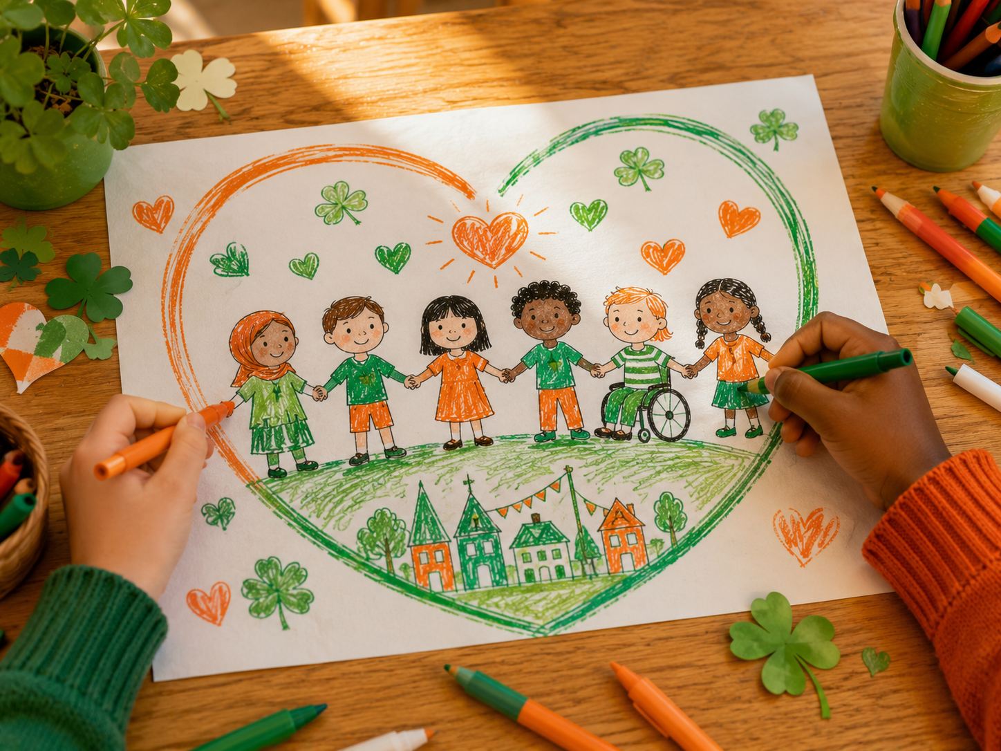 Children's artwork showing diverse children holding hands inside a heart