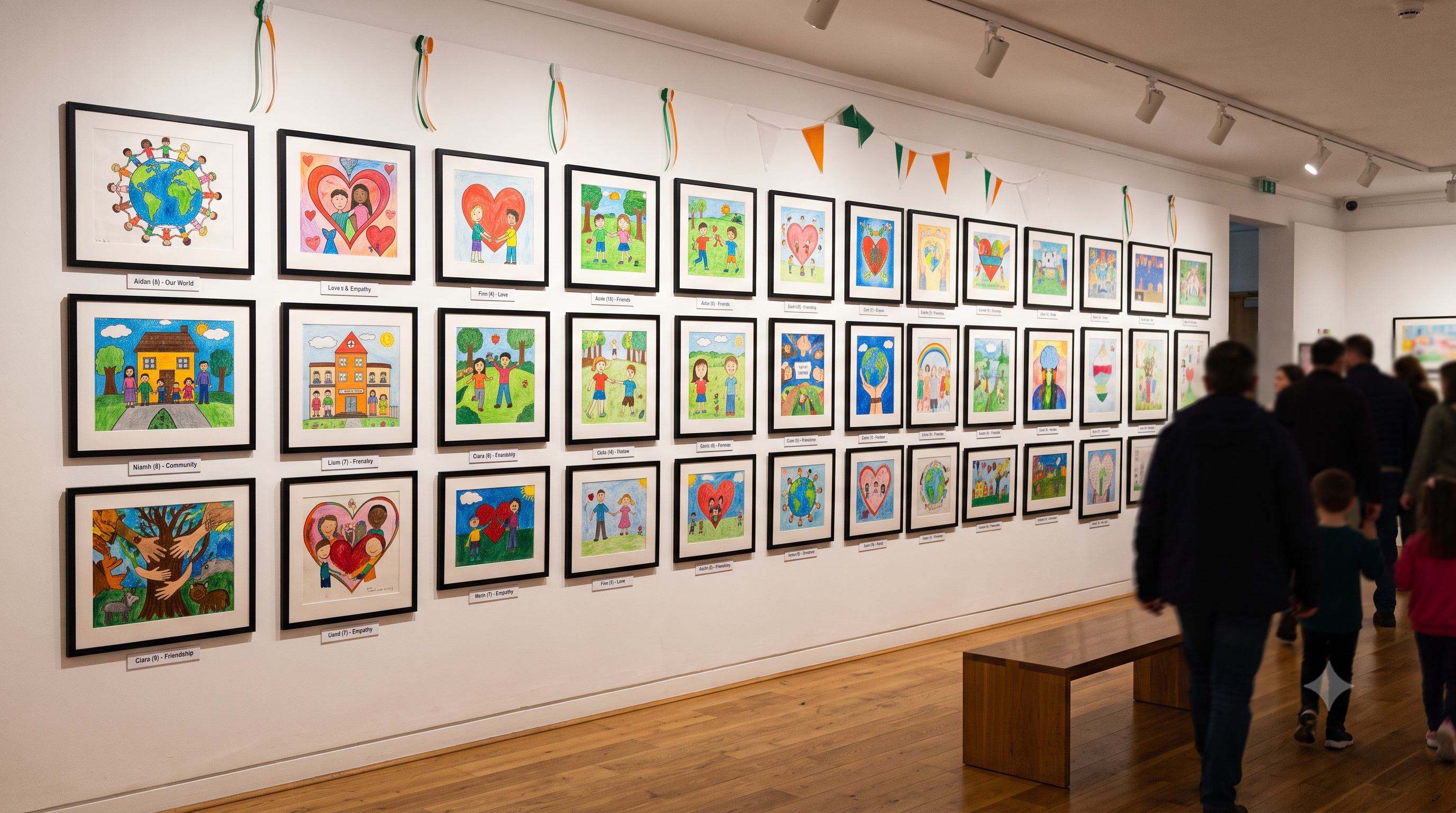 Gallery wall displaying children's artwork for a love and living together exhibition