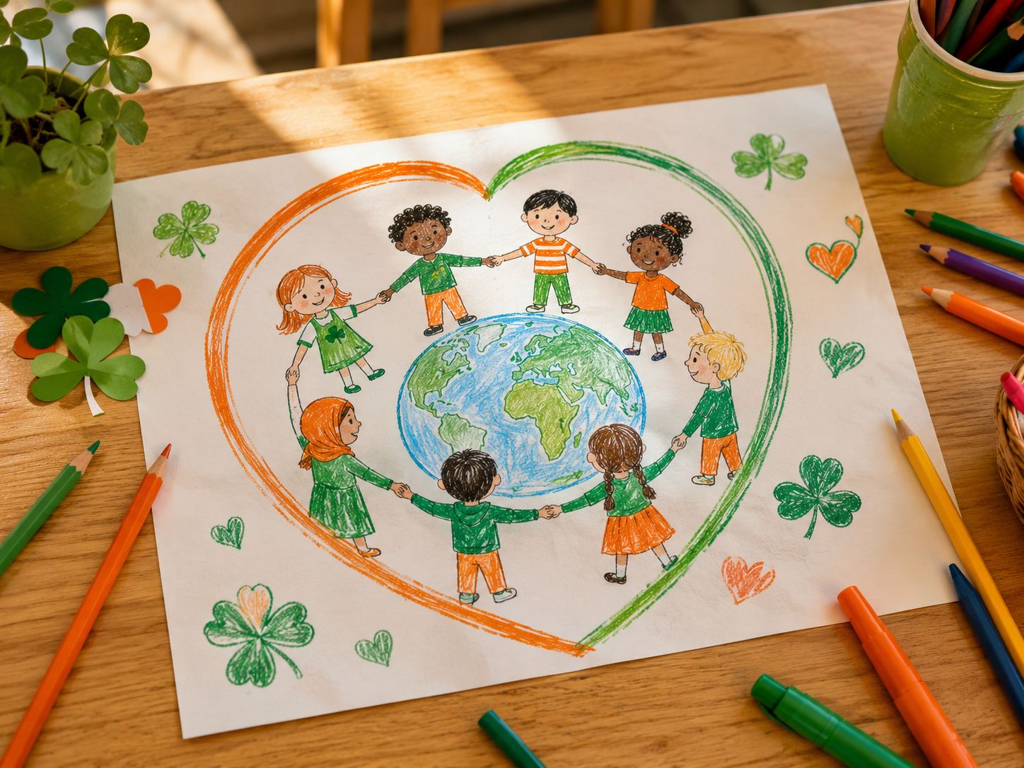 Children's artwork showing people together around the world