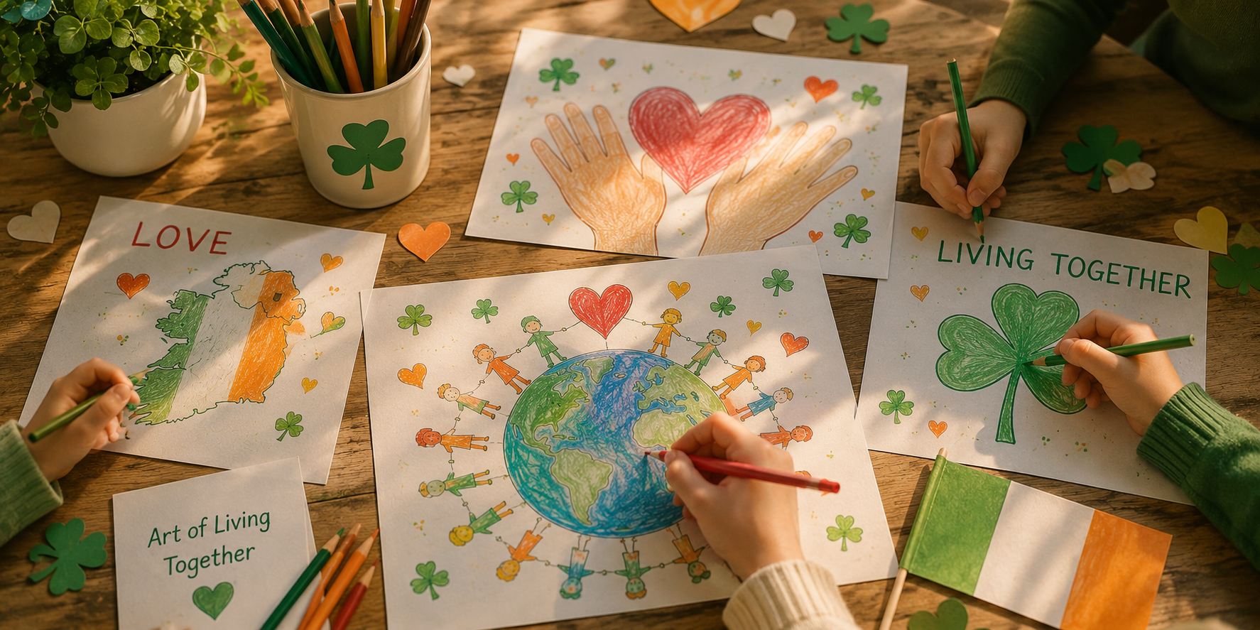 Children's drawings about love, Ireland, and living together on an art table