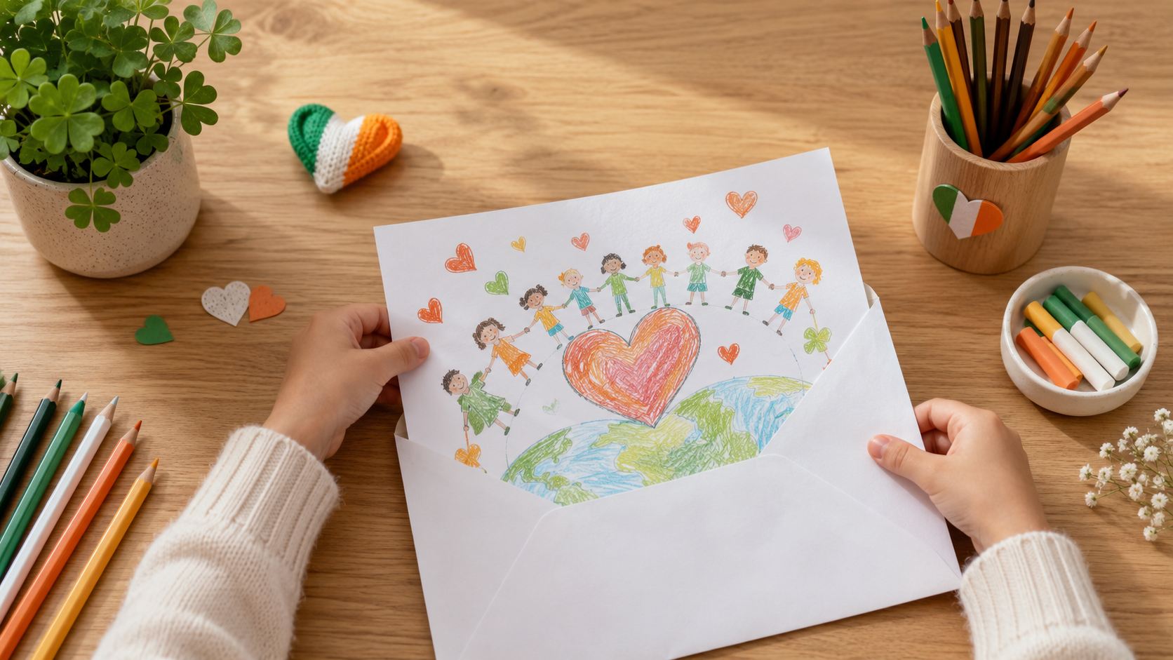 Hands preparing a love and living together artwork submission with Irish colour art materials